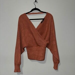 Love Tree Rust Orange Ribbed Wrap Front Open Back Dolman Sleeve Sweater Medium
